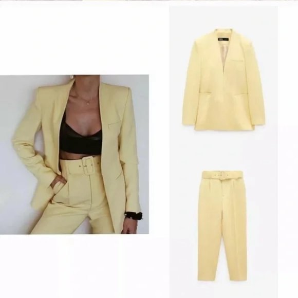 ZARA 2 Piece Lapelless Blazer + Pants Yellow - Picture 5 of 5
